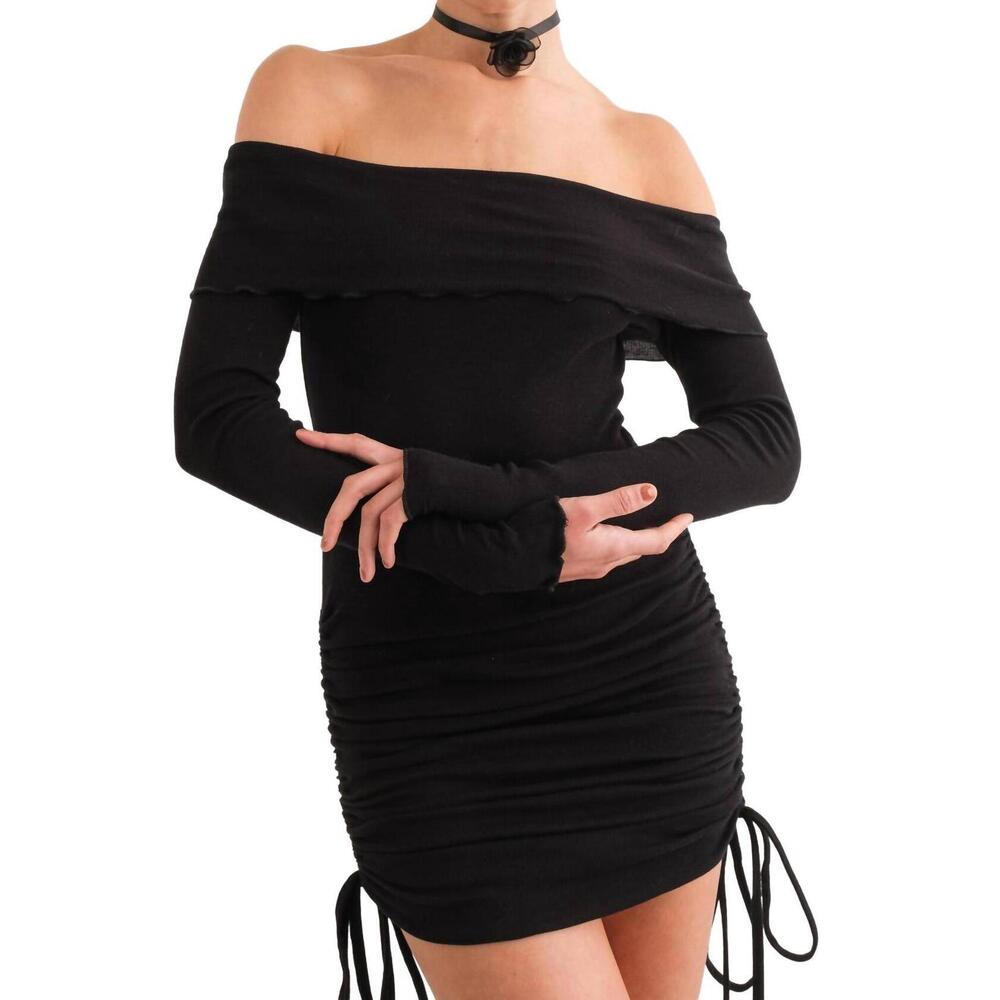 NEW GOLDEN ayla off shoulder ruched mini dress in black